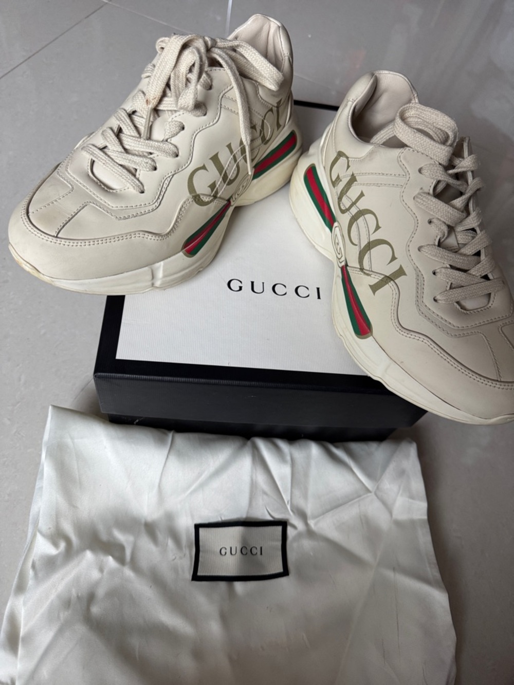 Gucci Cream Leather Sneakers with Green-Red Web Stripe